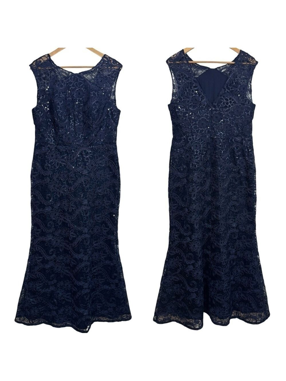 Ignite Evenings Elegant Dress Sz 12 Navy Blue Lace Sequin Bodycon Mermaid EUC!